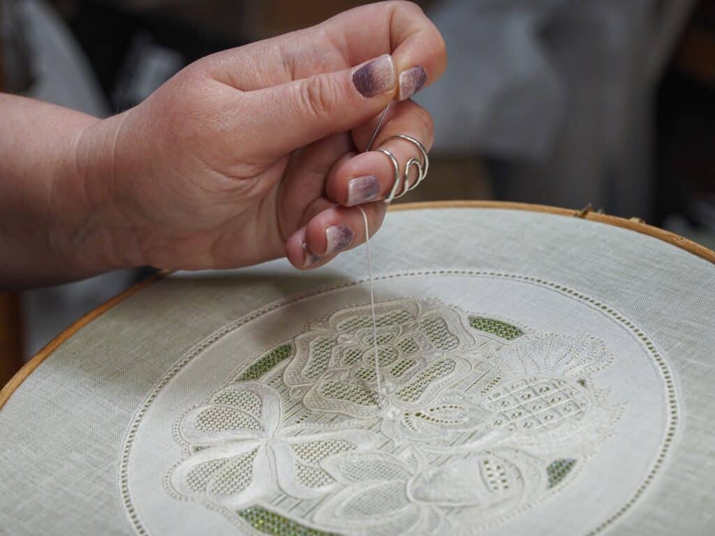 Whitework Embroidery being worked in my studio